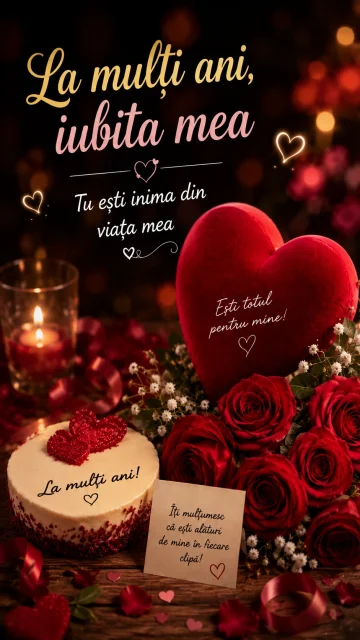 La mulți ani, iubita mea – dedicație romantică de ziua de naștere cu trandafiri roșii și inimă
