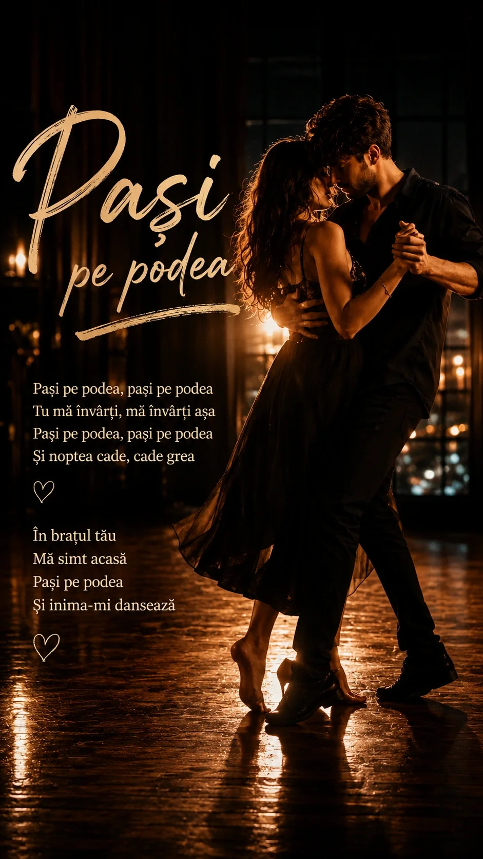 Cuplu dansând împreună într-o atmosferă romantică de noapte pentru melodia Pași pe podea de la TurboHit Zone.